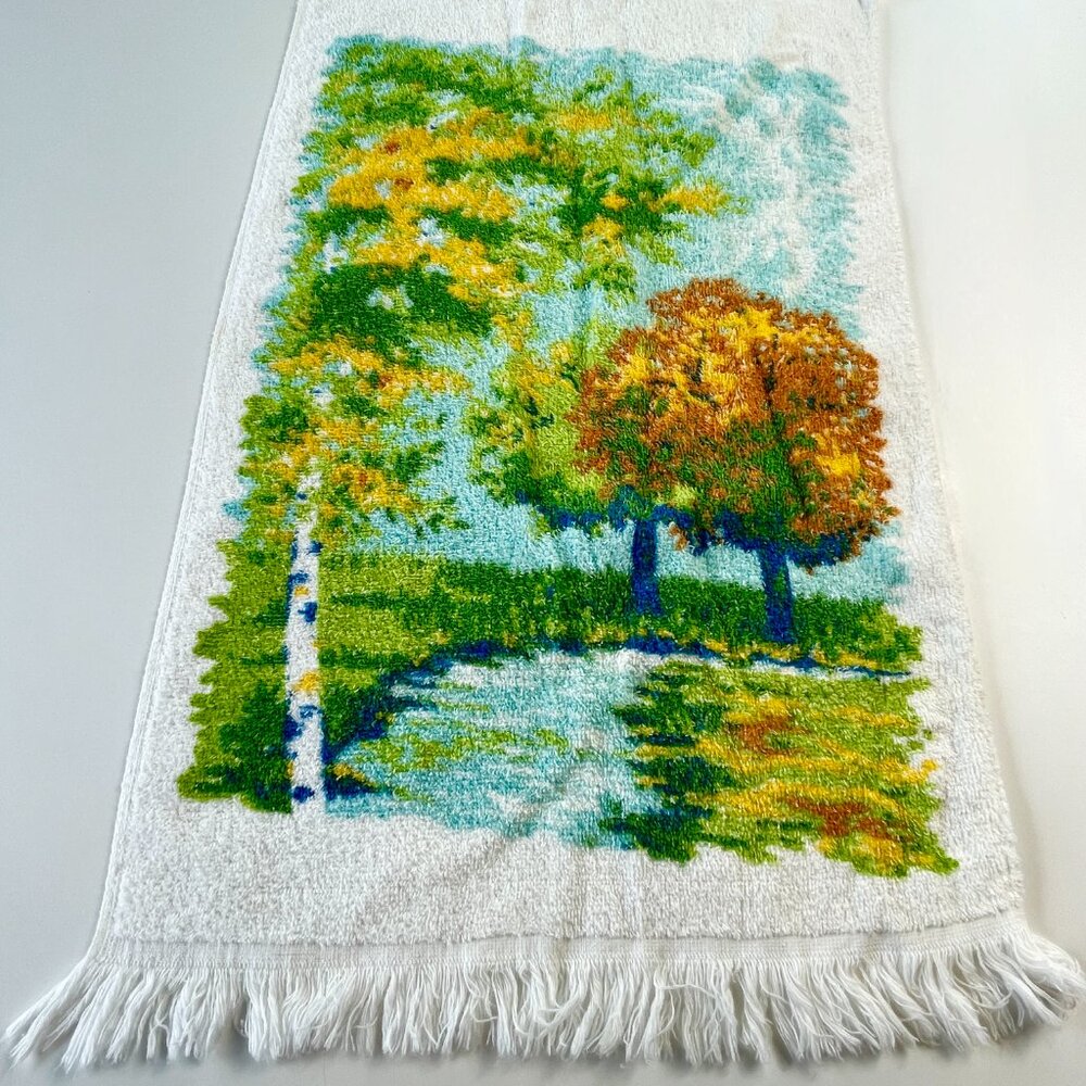 Vintage 1980s face towel, scenic forest print, fringed